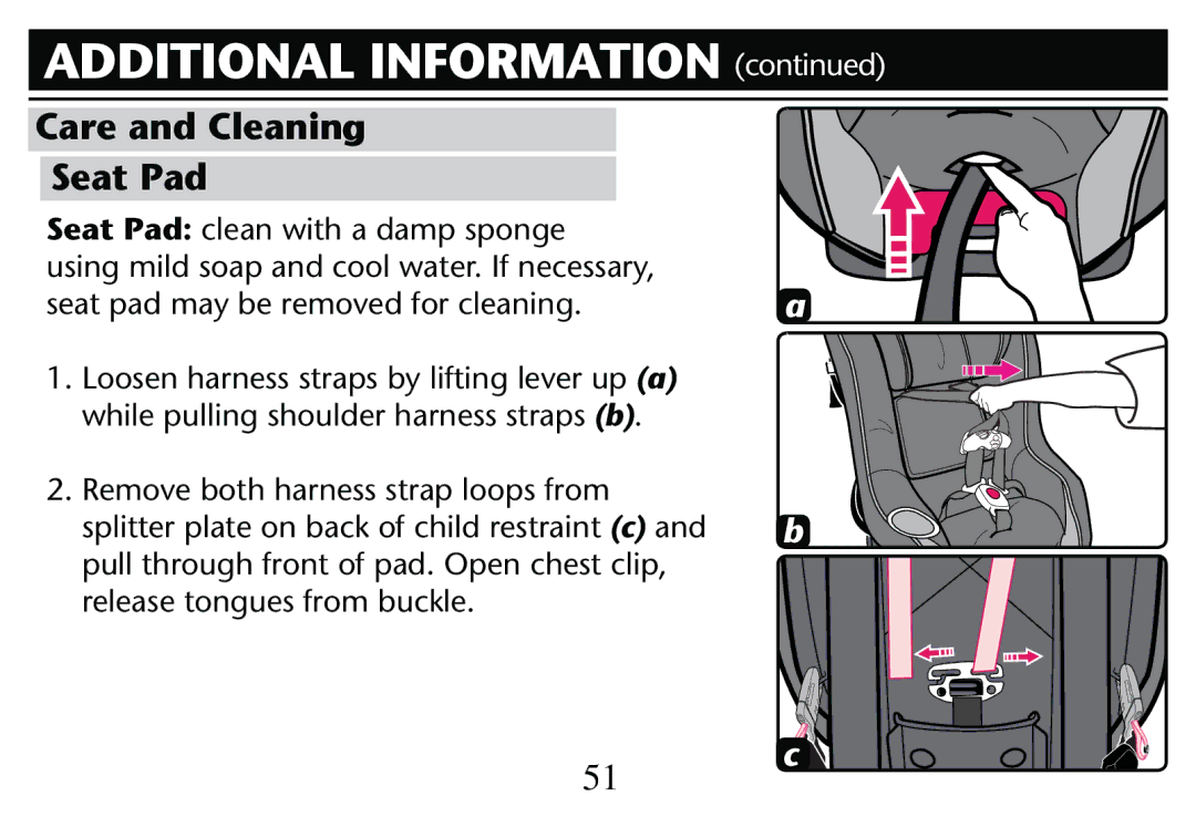 Graco PD205009A owner manual Care and Cleanin Seat Pad, Seat PAD MAY BEDREMOVEDYFORBCLEANING, Releaseetongues from BUCKLE 
