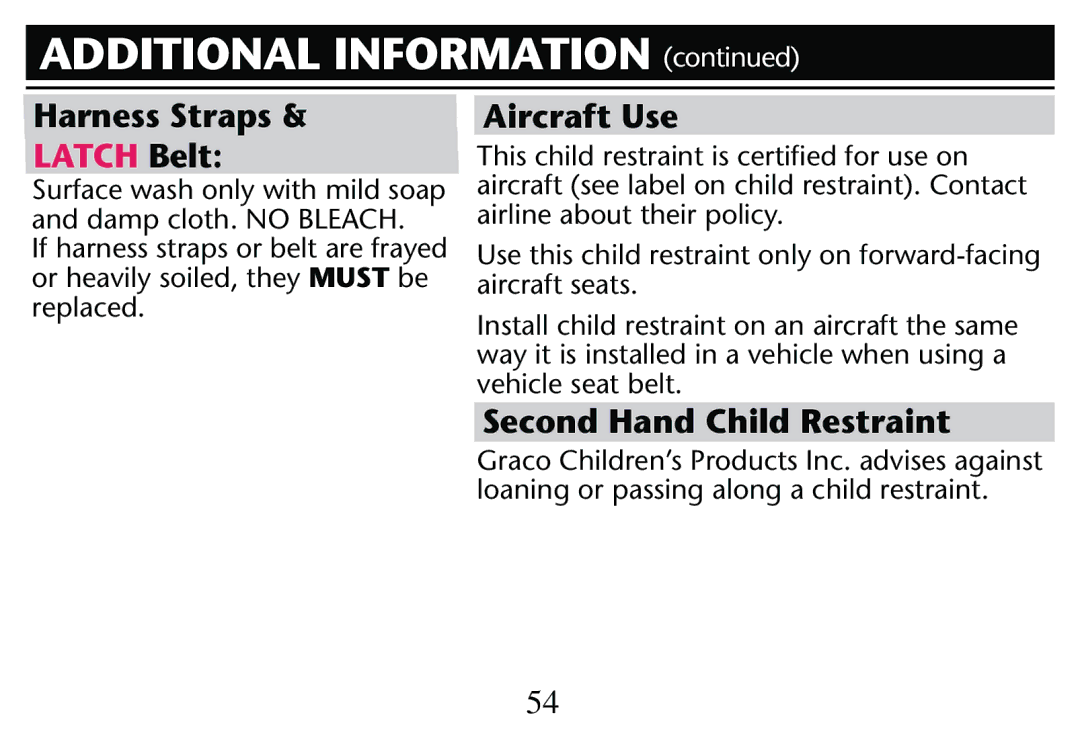 Graco PD205009A owner manual Harness Straps, Aircraft Use, Second Hand Child Restraint 