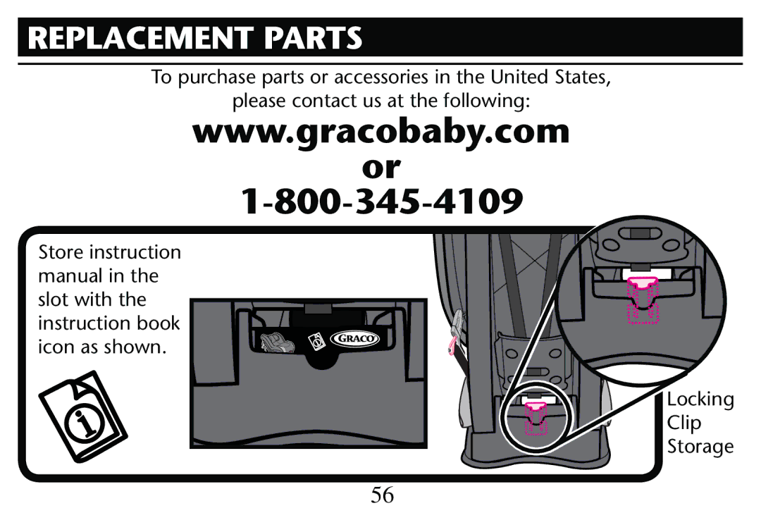 Graco PD205009A owner manual Replacement Parts, Please contact us at the following, Ocking, Clip Storage 