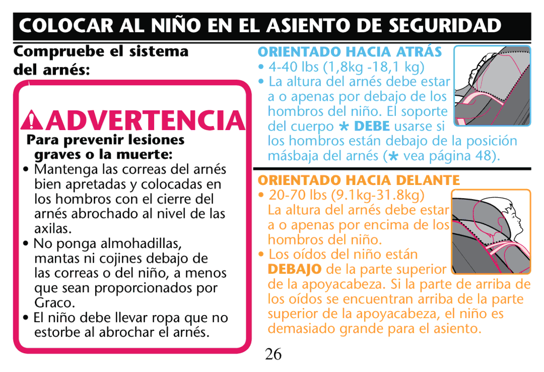 Graco PD205009A owner manual Para prevenir lesiones graves o la muerte, Orientado Hacia Atrás 