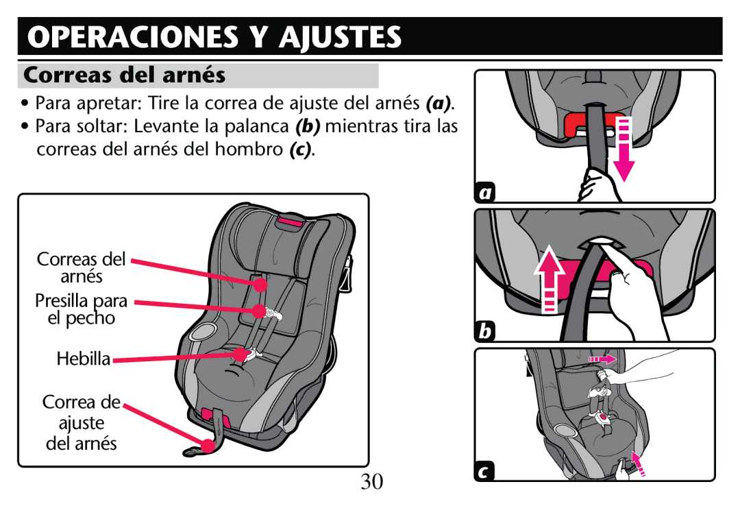 Graco PD205009A owner manual Operaciones Y Ajustes, Correas del arnés, 0RESILLA Para, El pecho 