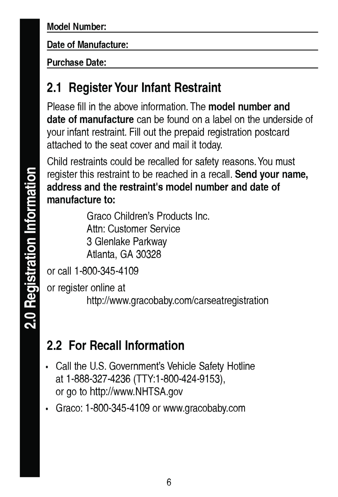 Graco PD206938A manual RU5HFDOO,QIRUPDWLRQ, PdqxidfwxuhWr,  $Wodqwd*$ RuFdoo 