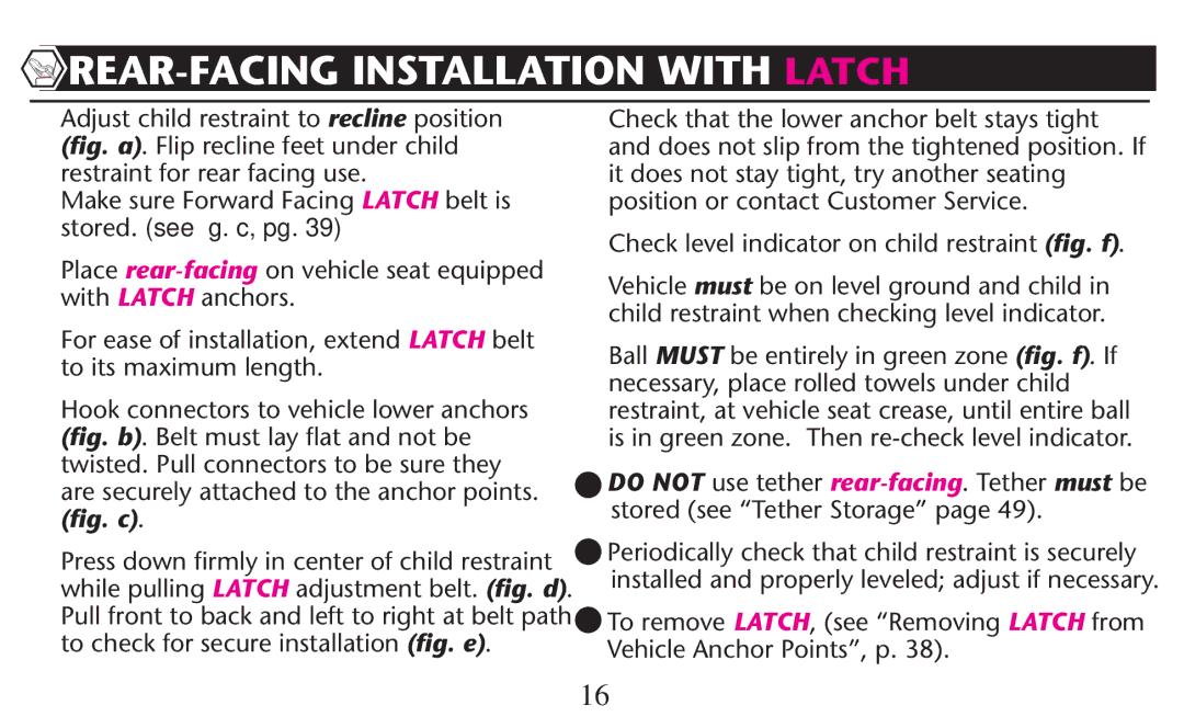 Graco PD209997A REAR-FACING Installation with Latch, To ITS Maximum LENGTH, Ball Must be entirely in green zone ﬁg. f. If 