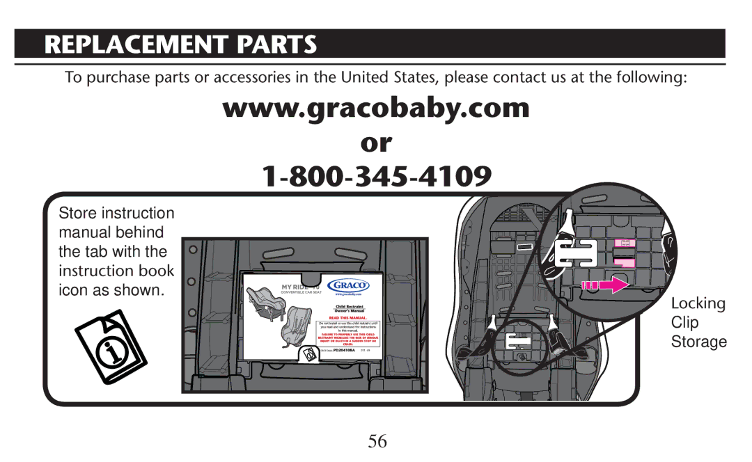 Graco PD209997A owner manual Replacement Parts, Ocking, Clip Storage 