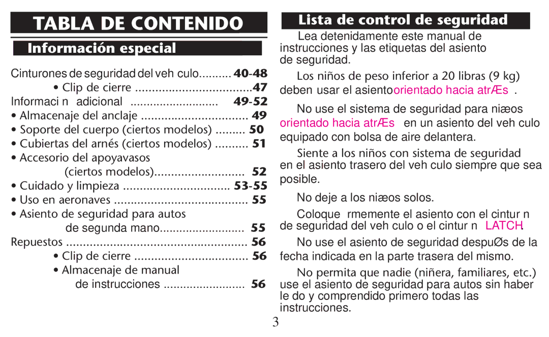 Graco PD209997A owner manual Información especial, Lista de control de seguridad 