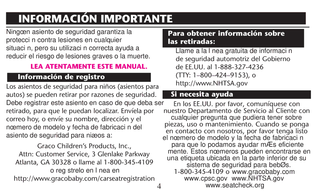 Graco PD209997A owner manual Información Importante, Llame a la línea gratuita de información, Regístrelo en línea en 