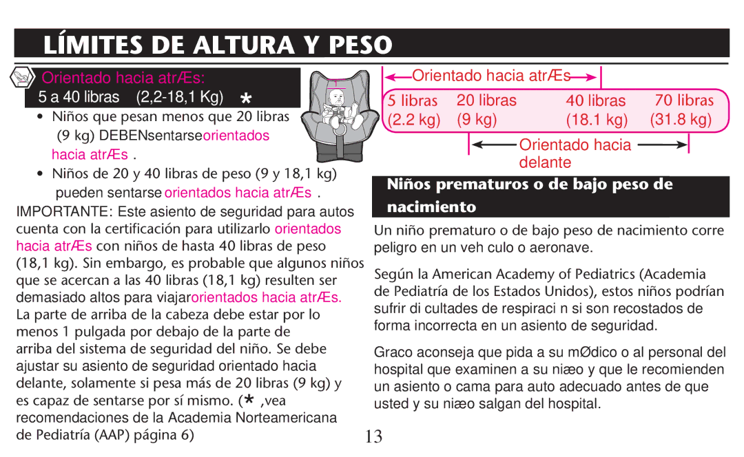 Graco PD209997A owner manual Límites DE Altura Y Peso, libras 2,2-18,1 Kg 