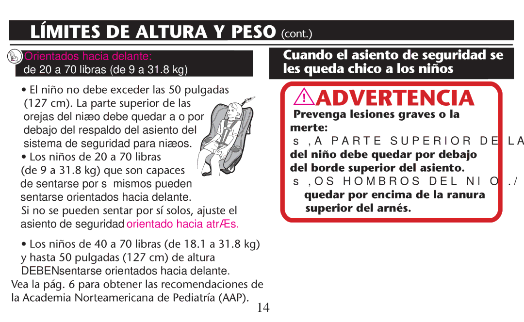 Graco PD209997A Límites DE Altura Y Peso CONT, OS NI×OS DE  a OLIBRAS, Prevenga lesiones graves o la merte 