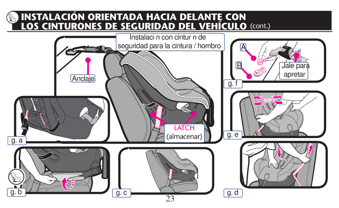 Graco PD209997A owner manual Apretar, ﬁg. f ﬁg. e ﬁg. a, Almacenar, ﬁg. b ﬁg. c ﬁg. d 