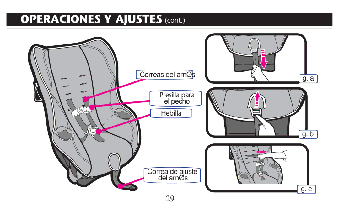 Graco PD209997A owner manual Operaciones Y Ajustes CONT, Correas del arnés, 0RESILLA Para, El pecho 