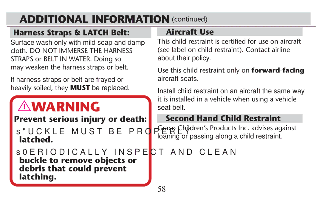 Graco PD209998A owner manual Harness Straps & Latch Belt, Aircraft Use, Second Hand Child Restraint 