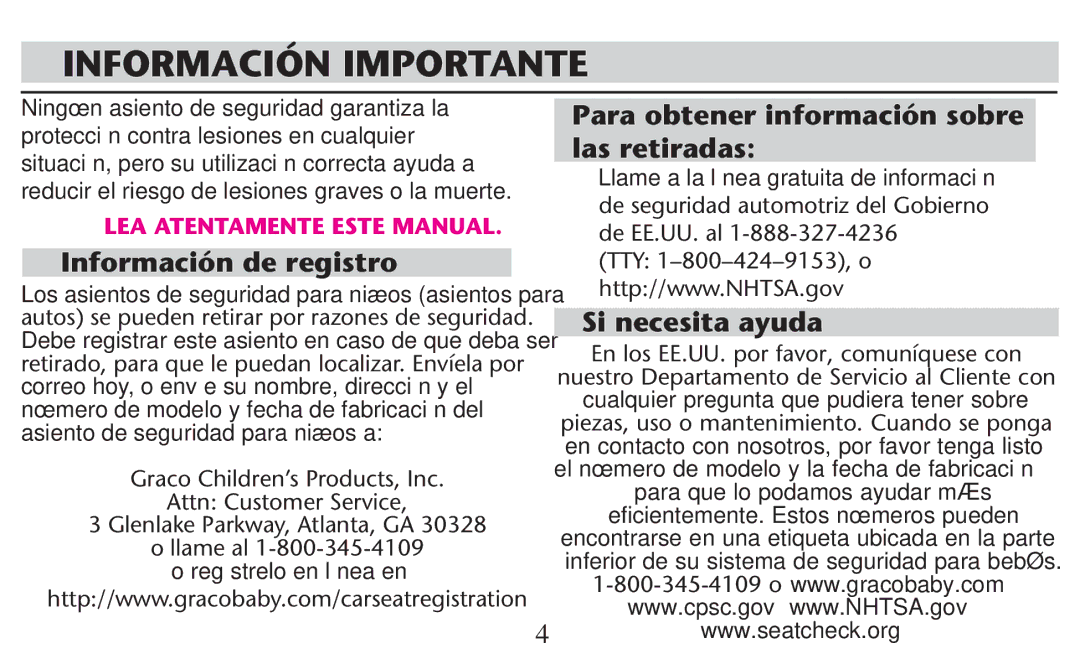 Graco PD209998A owner manual Información Importante, Información de registro, Para obtener información sobre las retiradas 