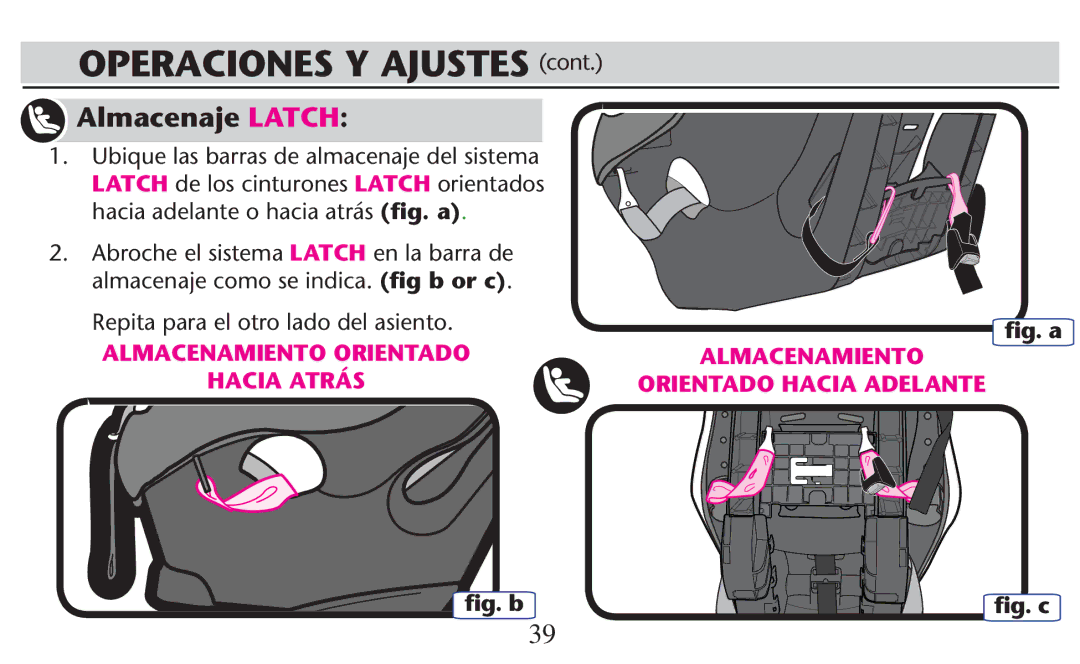 Graco PD209998A owner manual Almacenaje Latch, 2EPITA Paraael Otrorlado DEL ASIENTO, ﬁg. b ﬁg. a 