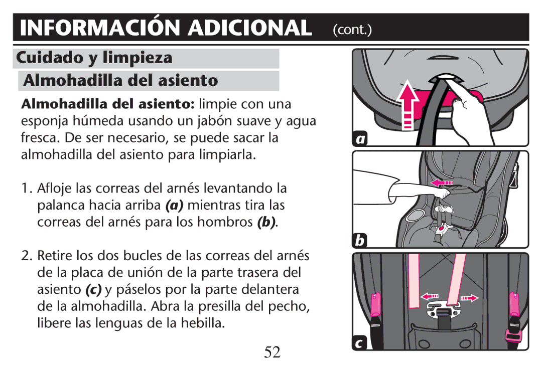 Graco PD212616B owner manual Cuidado y limpieza Almohadilla del asiento, Almohadilla del asiento limpie con una 