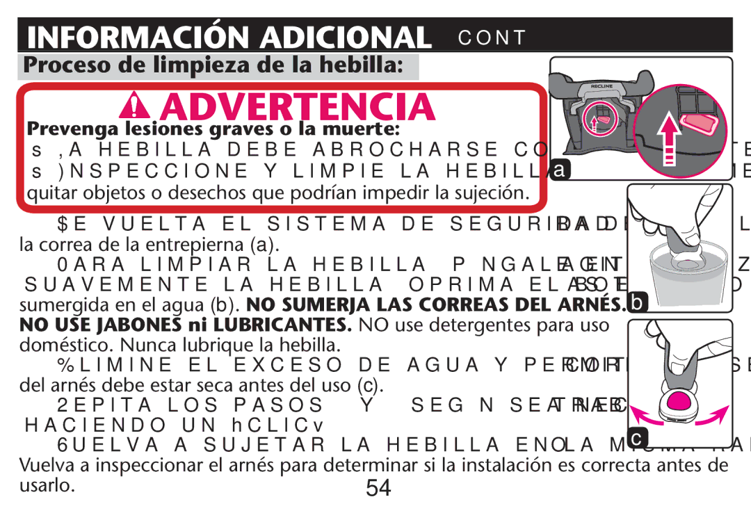 Graco PD212616B owner manual Proceso de limpieza de la hebilla, Prevenga lesiones graves o la muerte 