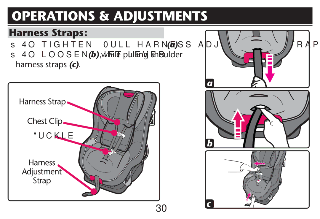 Graco PD212616B owner manual Operations & Adjustments, Harness straps c Harness Strap Chest Clip, Harness Adjustment Strap 