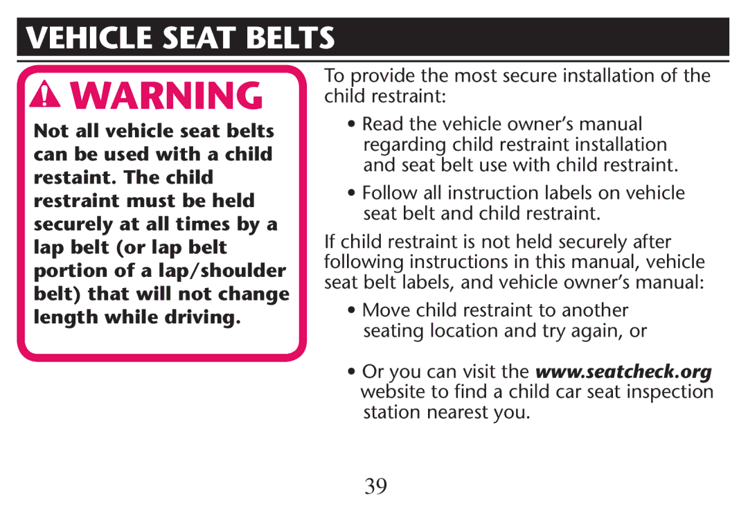 Graco PD212616B owner manual Vehicle Seat Belts, If child restraint is not held securely after 