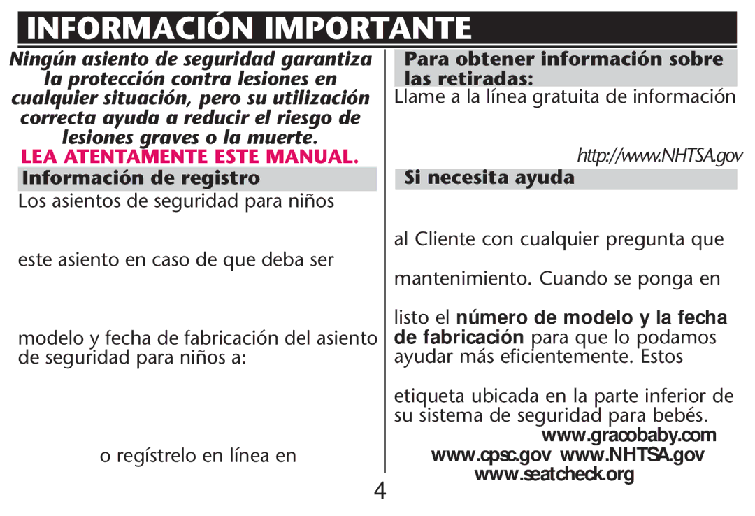 Graco PD212616B owner manual Información Importante, Información de registro, Para obtener información sobre las retiradas 