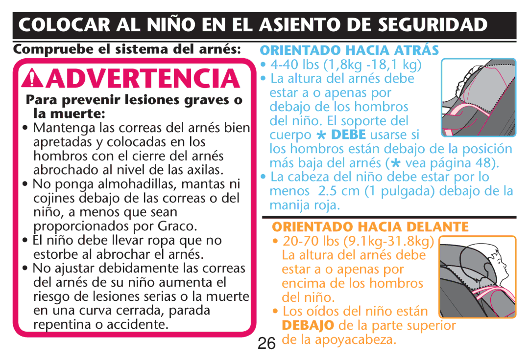 Graco PD212616B owner manual Compruebe el sistema del arnés, Para prevenir lesiones graves o la muerte 