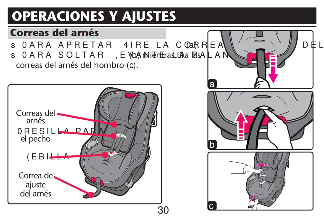 Graco PD212616B owner manual Operaciones Y Ajustes, Correas del arnés, 0RESILLA Para, El pecho 