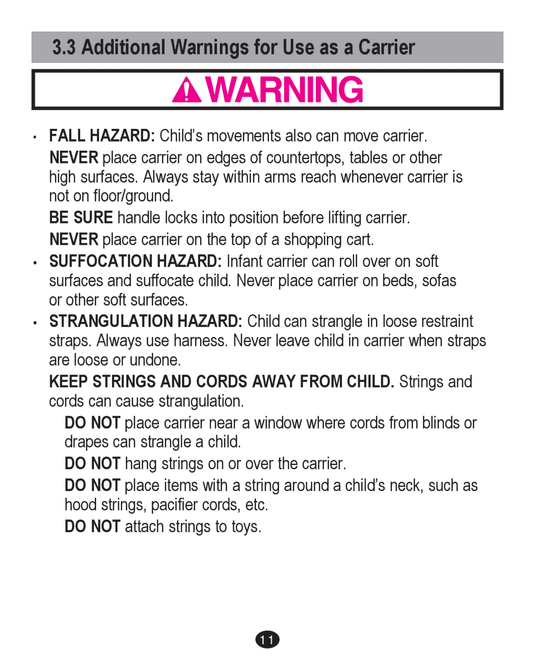 Graco PD213671A manual Additional Warnings for Use as a Carrier 