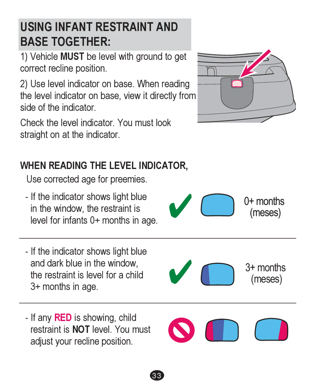Graco PD213671A manual Using Infant Restraint Base Together, When Reading the Level Indicator 