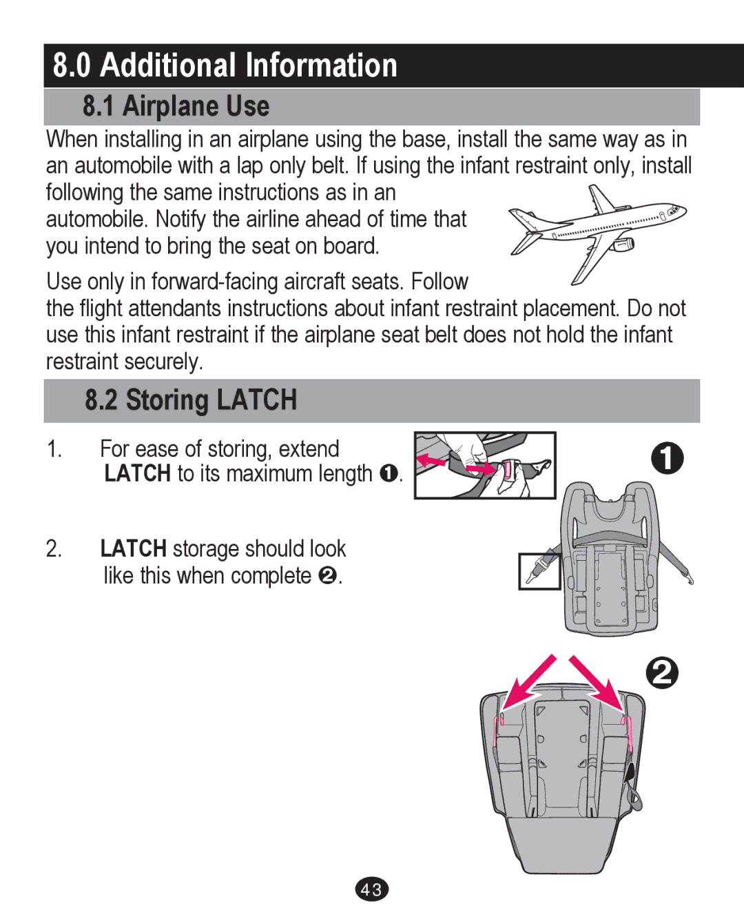 Graco PD213671A manual Additional Information, Airplane Use, Storing Latch 