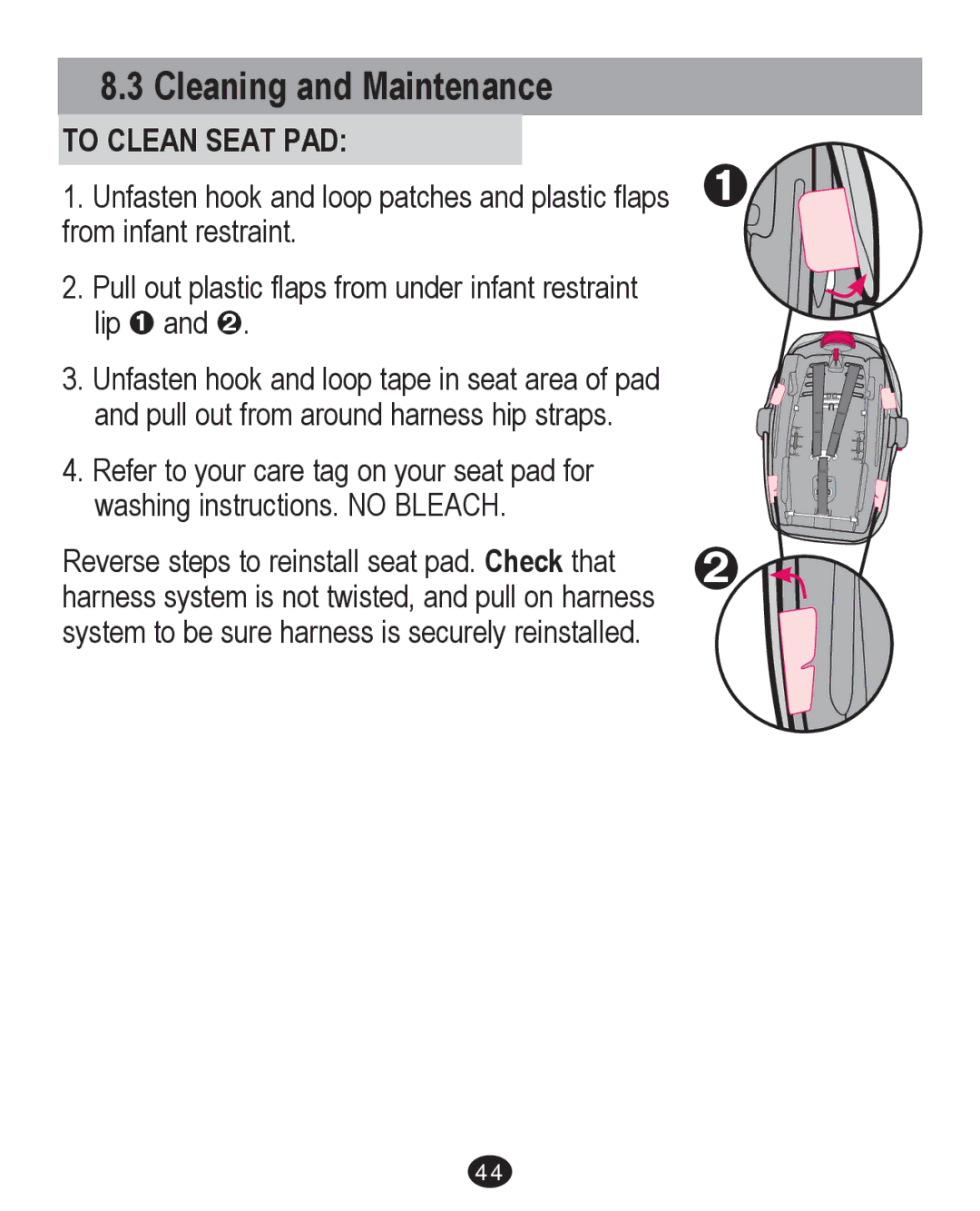 Graco PD213671A manual Cleaning and Maintenance, To Clean Seat PAD 