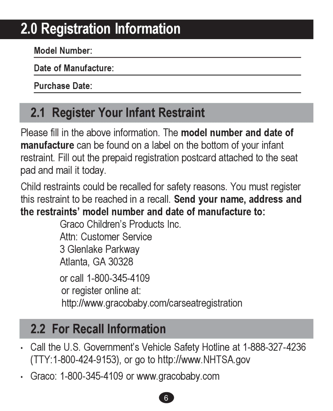 Graco PD213671A manual Registration Information, Register Your Infant Restraint, For Recall Information 