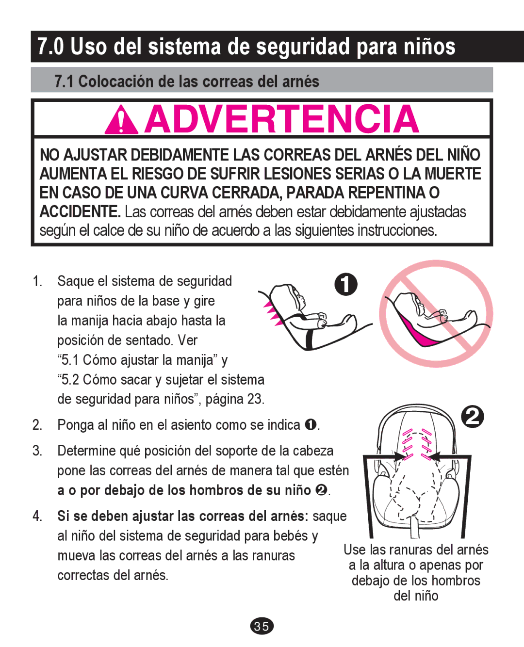 Graco PD213671A manual Uso del sistema de seguridad para niños, Colocación de las correas del arnés 