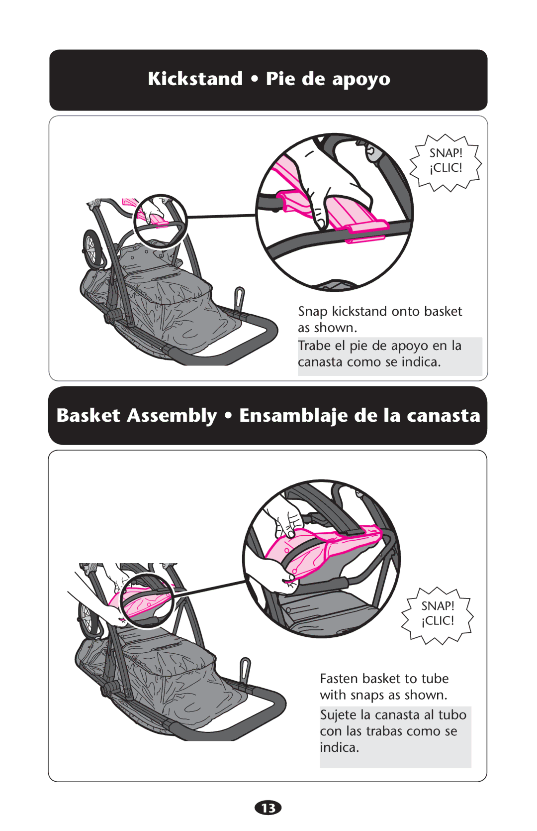 Graco PD213968A manual Kickstand ss0IEIDE Apoyo, Basket Assembly ssEnsamblaje de la canasta 