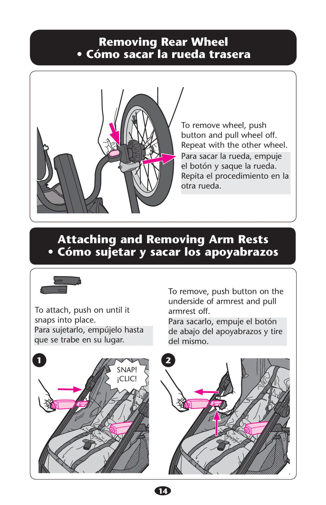 Graco PD213968A manual Removing Rear Wheel Ss#ØMO Sacar Lasruedaatrasera, Attaching and Removing Arm Rests 