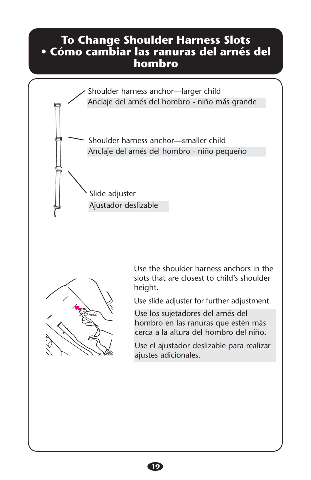 Graco PD213968A manual To Change Shoulder Harness Slots, Hombro 