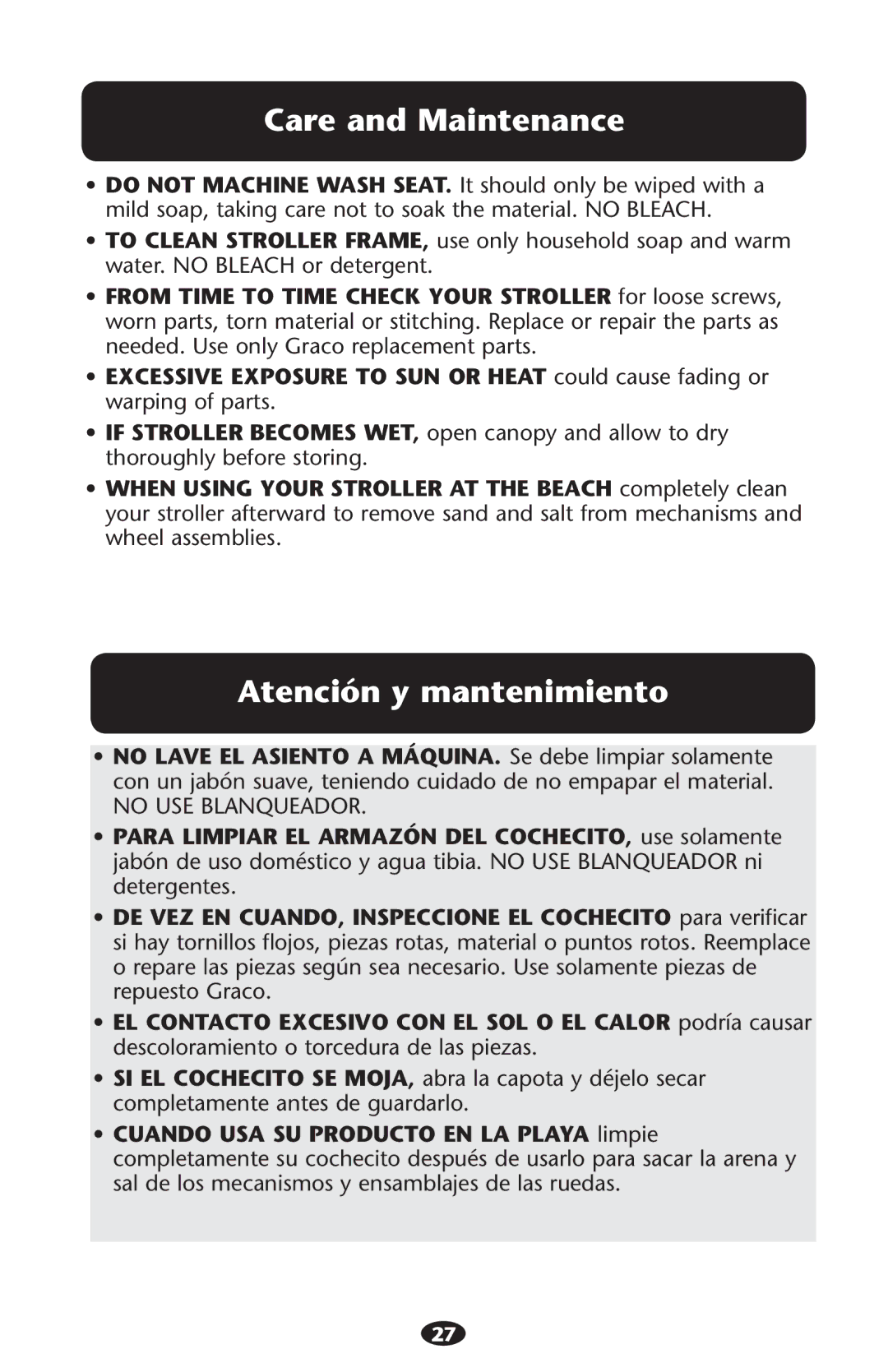 Graco PD213968A manual Care and Maintenance, Tenciøn Y Mantenimiento 