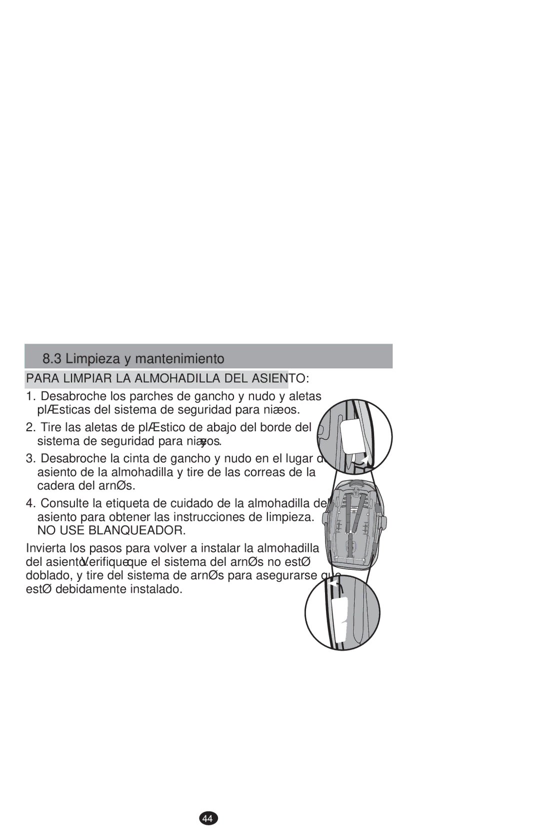 Graco PD213968B manual Limpieza y mantenimiento, Para Limpiar LA Almohadilla DEL Asiento 