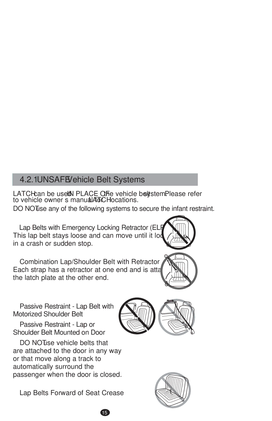 Graco PD213968B manual Unsafe Vehicle Belt Systems, ‡ Lap Belts Forward of Seat Crease 