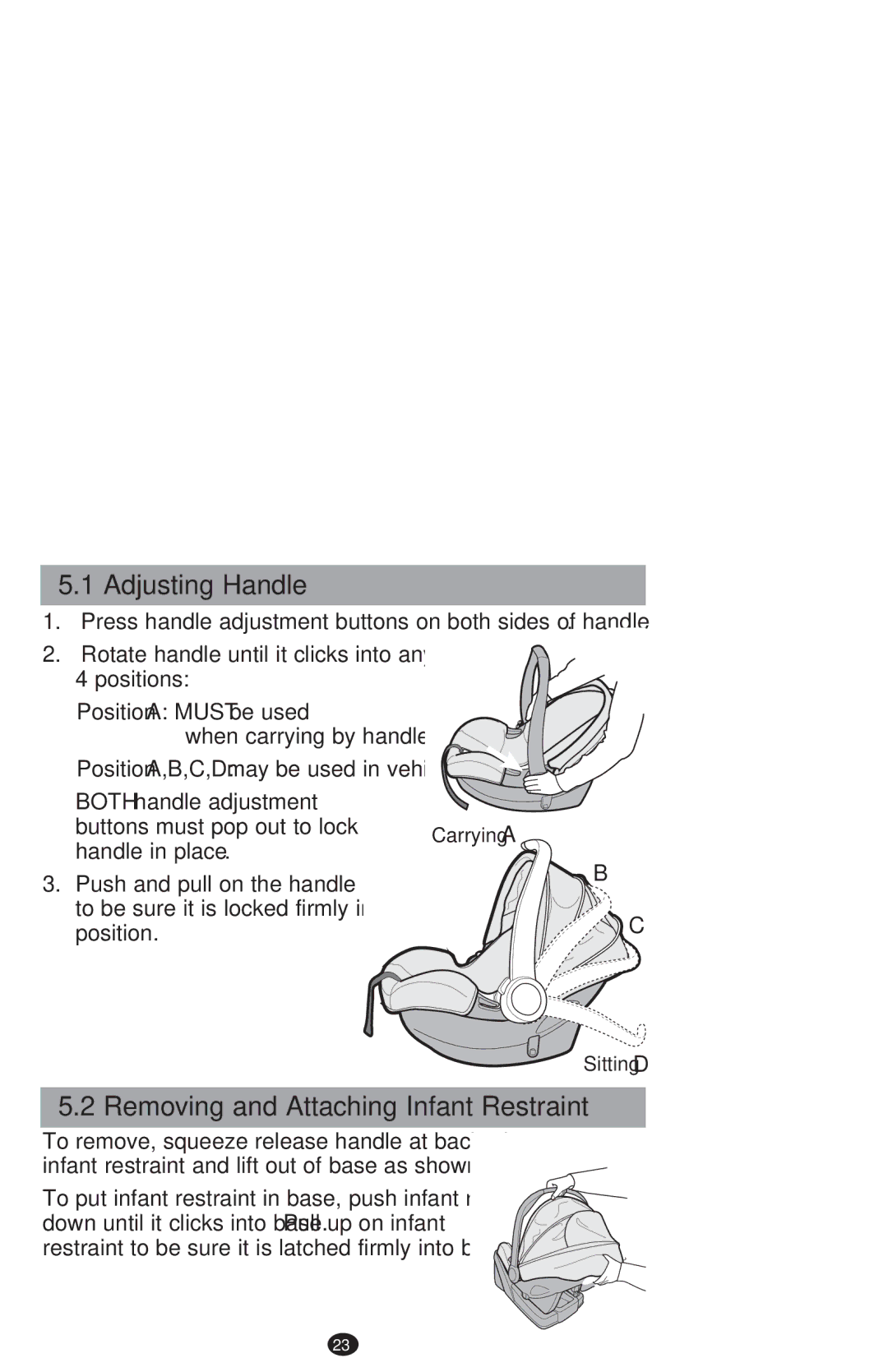 Graco PD213968B manual Adjusting Handle, Removing and Attaching Infant Restraint 