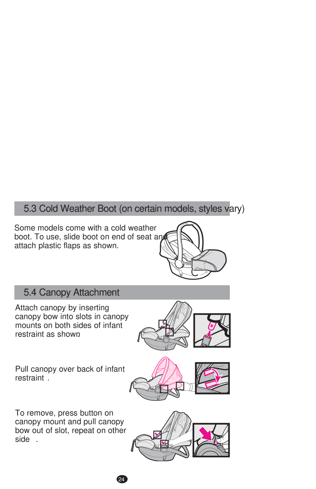 Graco PD213968B manual Cold Weather Boot on certain models, styles vary, Canopy Attachment 