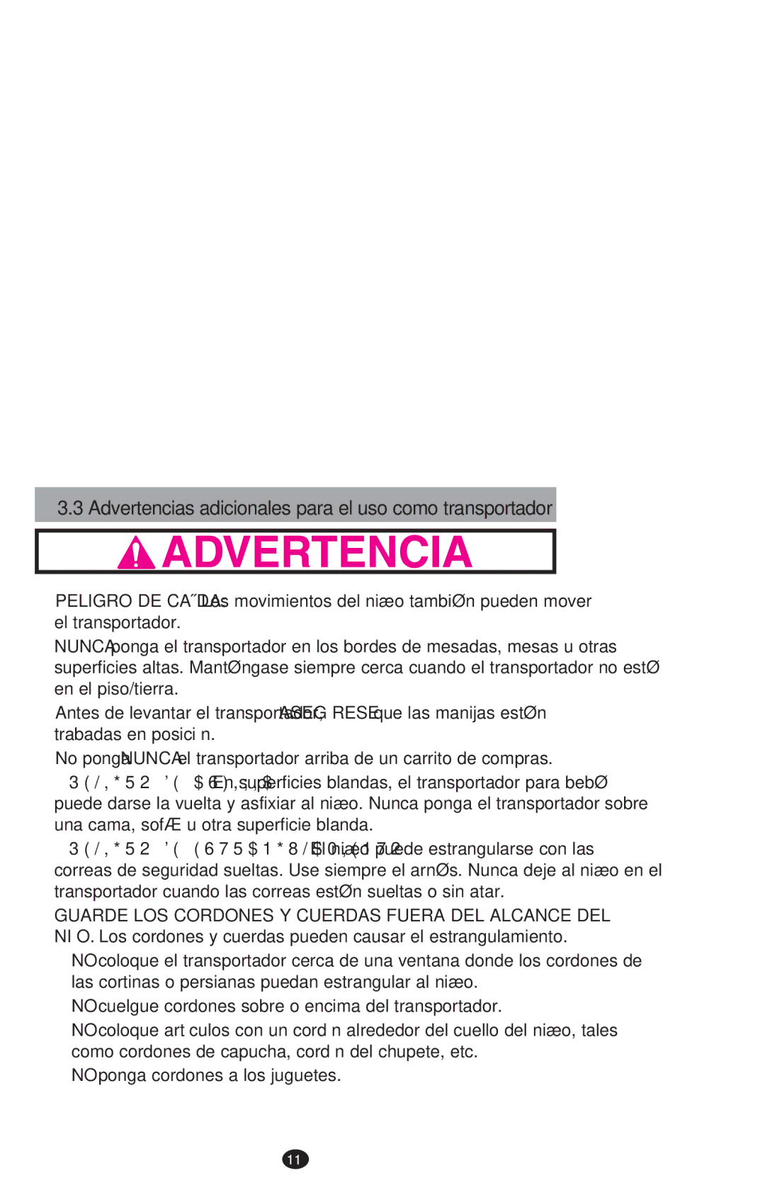 Graco PD213968B manual Advertencias adicionales para el uso como transportador 