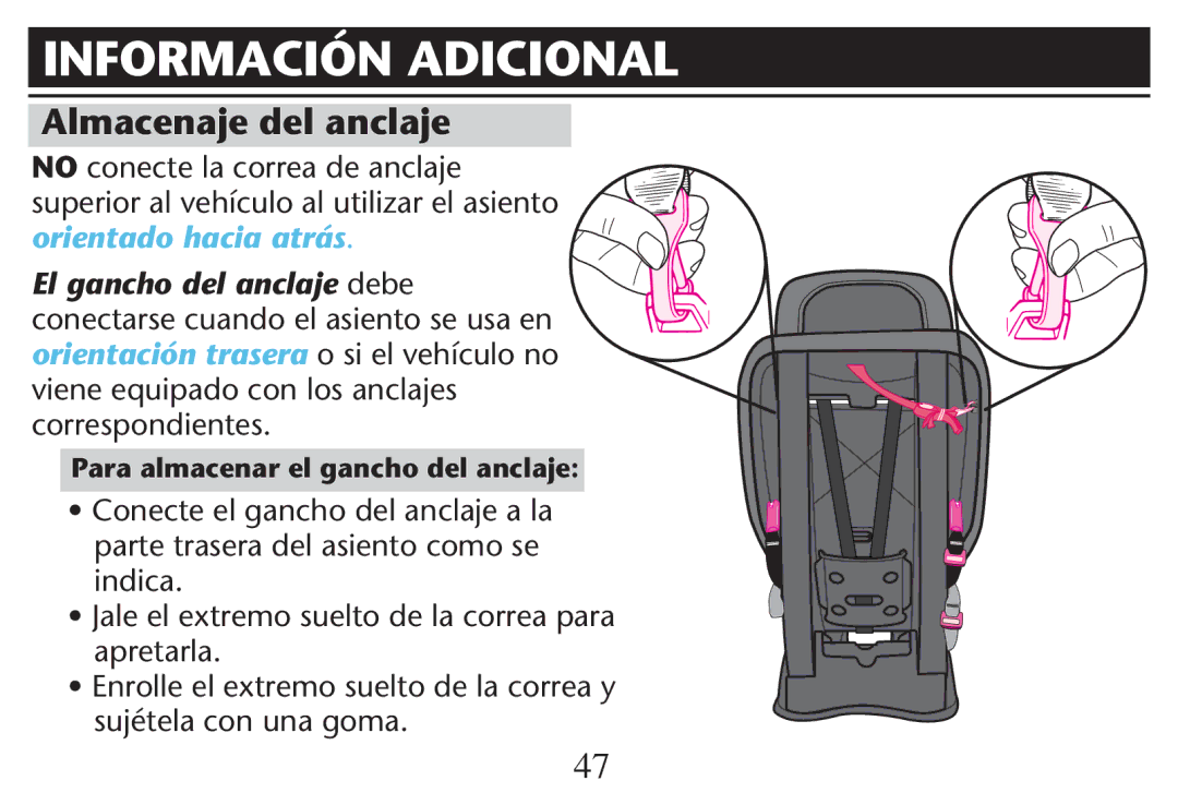 Graco PD214124A owner manual Información Adicional, Almacenaje del anclaje 