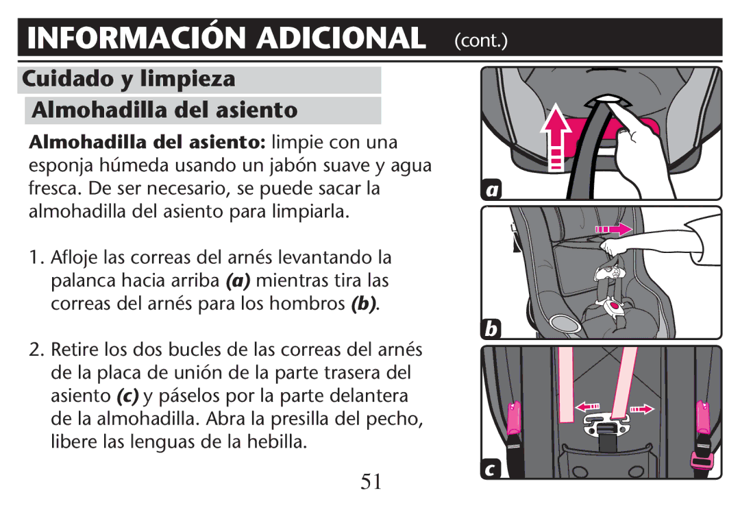 Graco PD214124A owner manual Cuidado y limpieza Almohadilla del asiento, Almohadilla del asiento limpie con una 