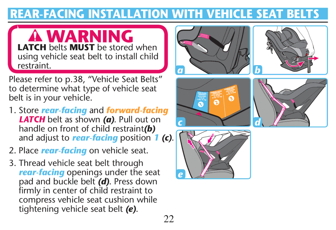 Graco PD214124A owner manual REAR-FACING Installation with Vehicle Seat Belts, Place rear-facingON Vehicle SEAT 