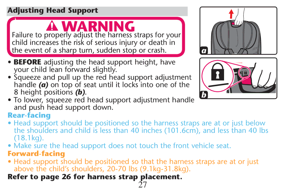 Graco PD214124A owner manual Adjusting Head Support, Failure to properly adjust the harness straps for your 