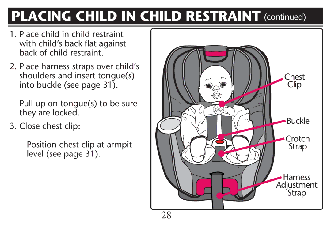 Graco PD214124A owner manual Placing Child in Child Restraint , Into BUCKLEBSEE PAGEE , Level SEEEPAGE   