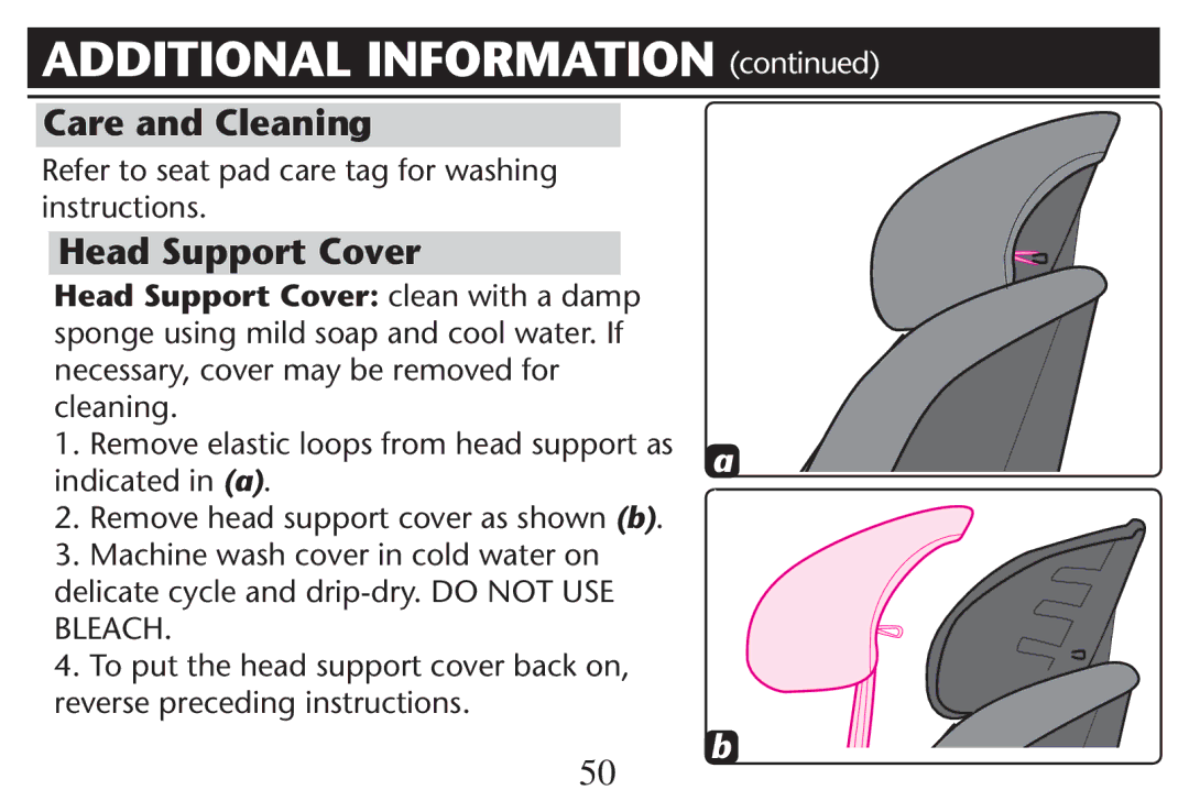 Graco PD214124A owner manual Additional Information , Care and Cleanin, Head Support Cover 