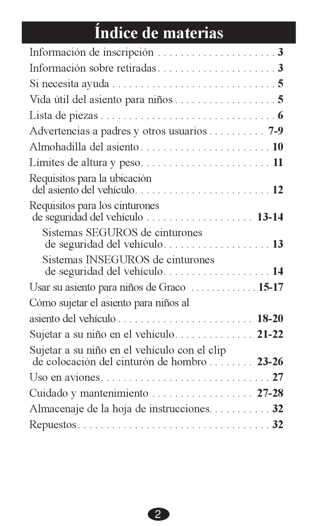 Graco PD215107B owner manual Índice de materias, Sujetar a su niño en el vehículo con el clip 