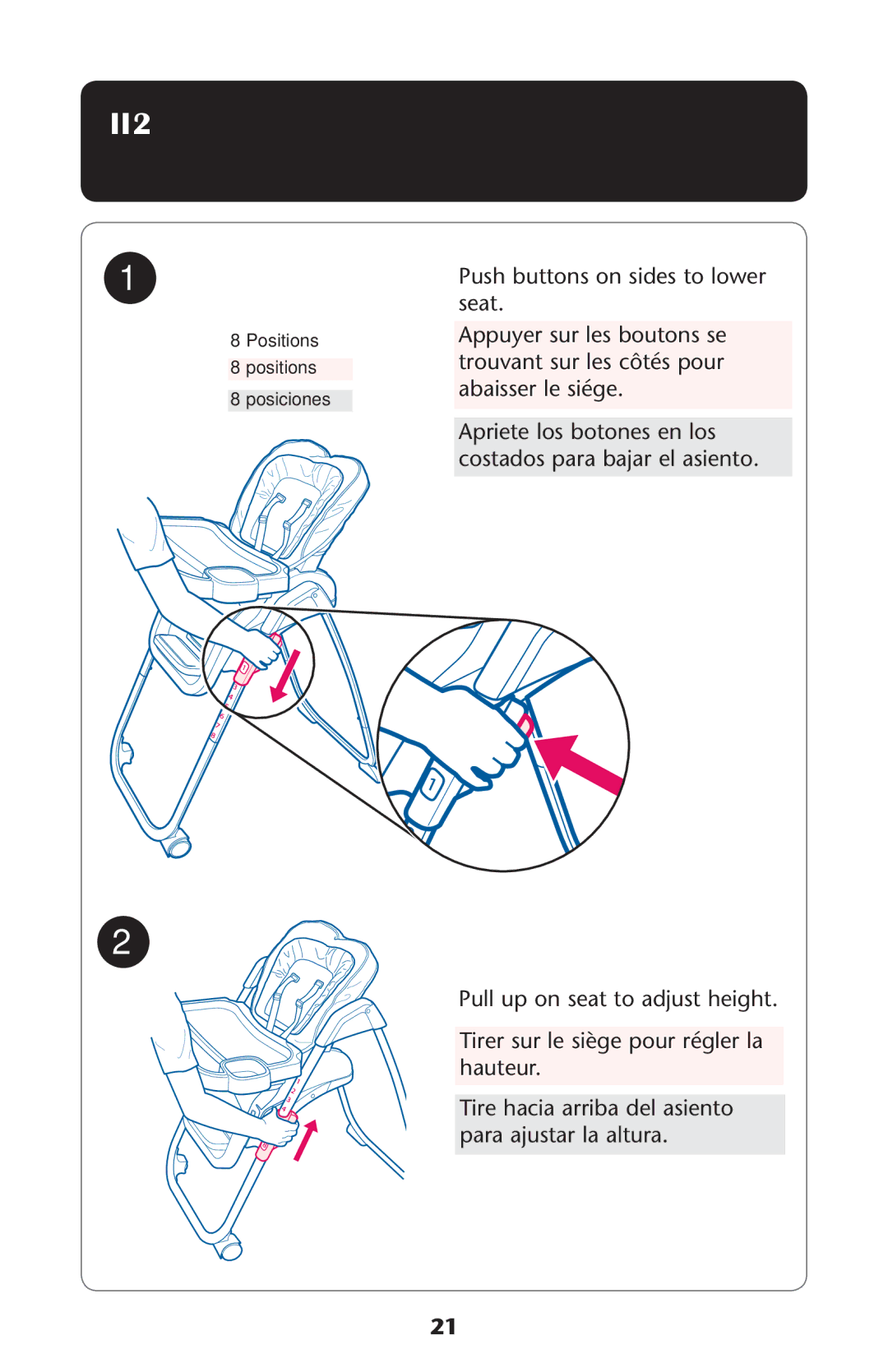 Graco PD215128D owner manual Djustingseight ss2ÏGLAGELDE LA Hauteur s !JUSTE DE LA Altura 