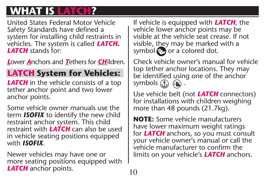 Graco PD215548A owner manual Vehicle Seating Positions Equipped with Isofix, Symbol or a colored dot, Symbols 