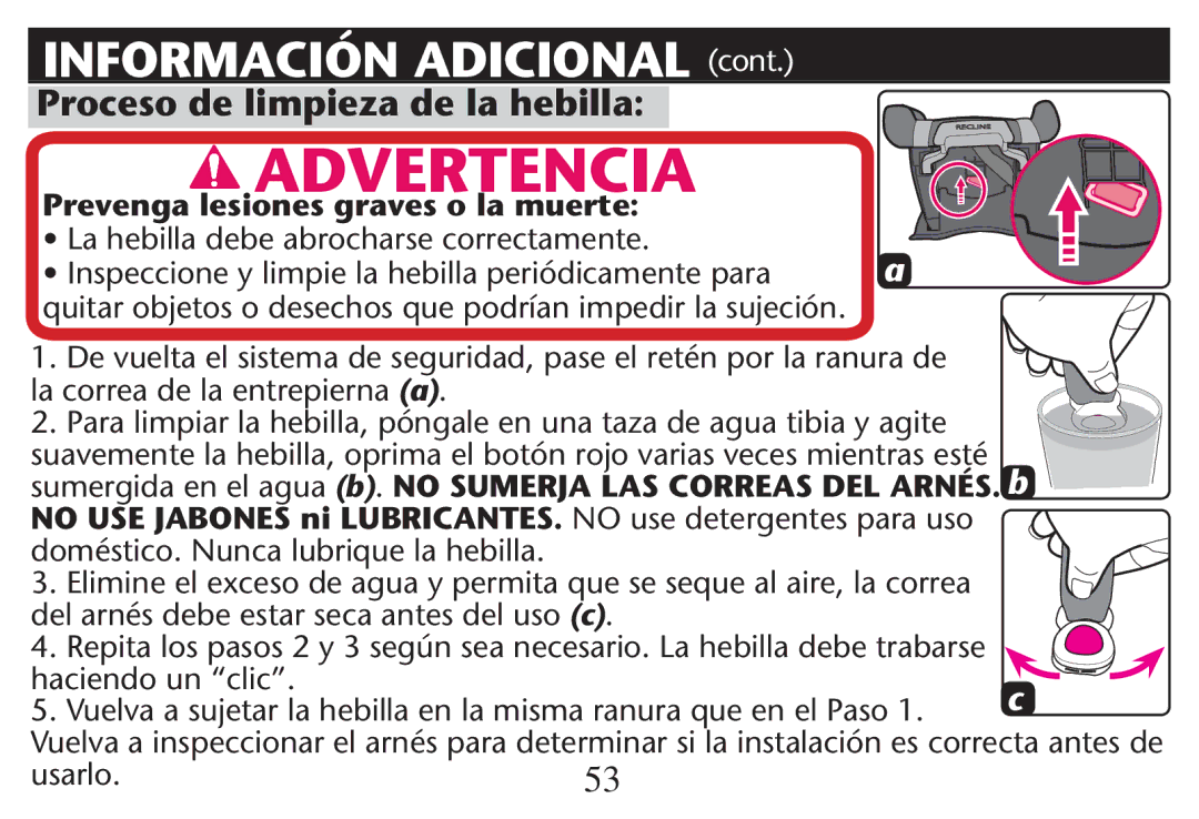 Graco PD215548A owner manual Proceso de limpieza de la hebilla, Prevenga lesiones graves o la muerte 