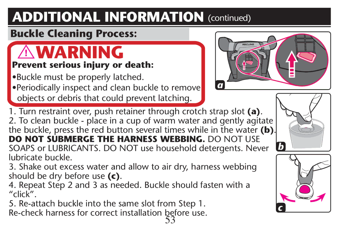 Graco PD215548A Buckle Cleaning Process, Prevent serious injury or death, Objectsjor Debris That could Prevent LATCHING 